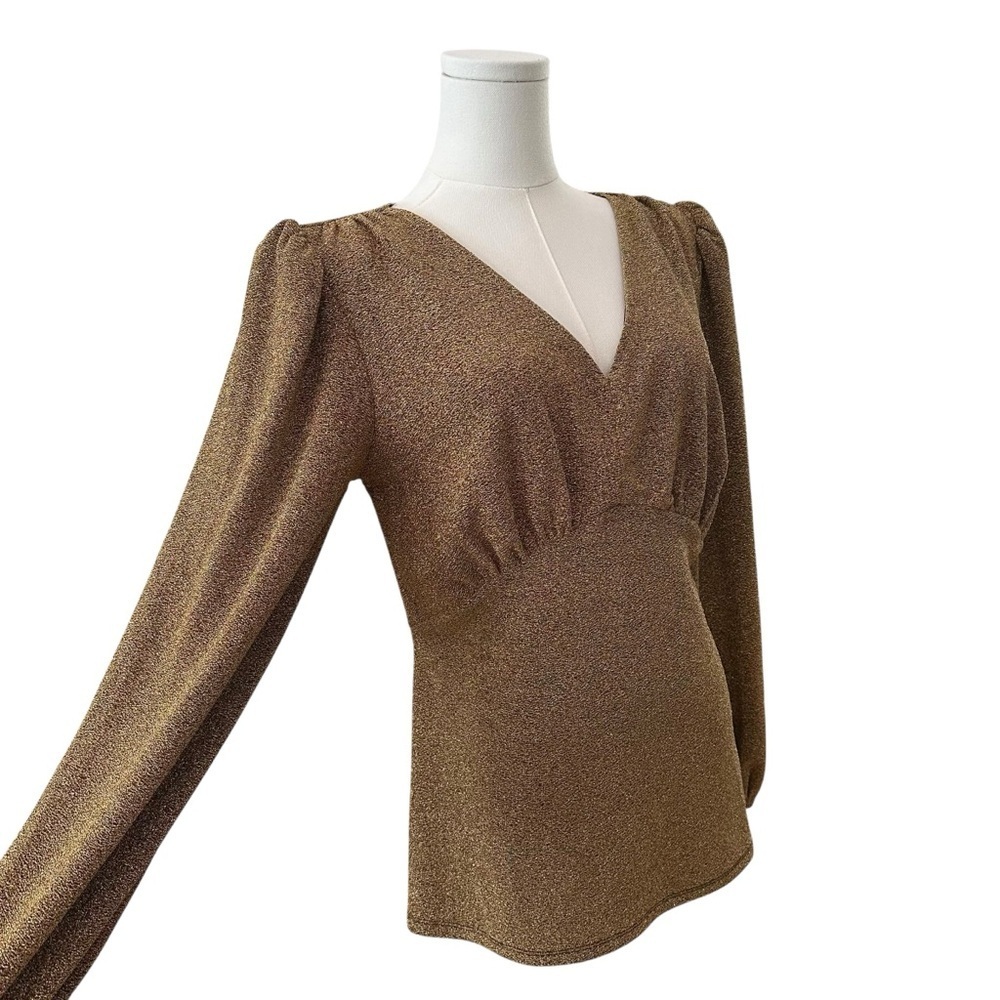 Women's Small Fitted Metallic Gold Shimmer Party Cocktail Puff Shoulder Top - Picture 2 of 5